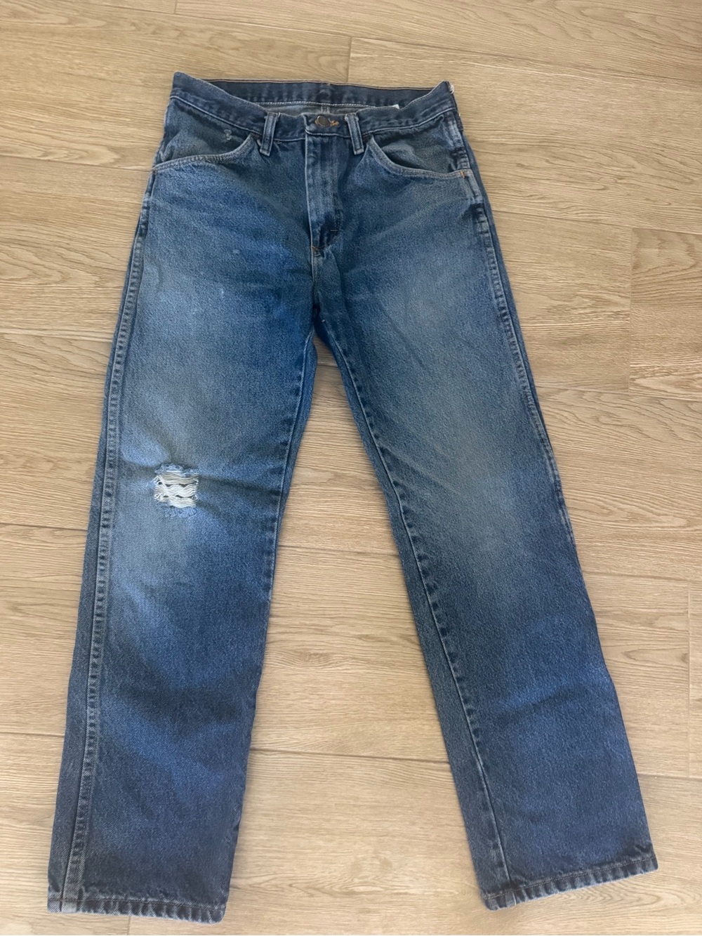 Vintage Men's Rustler Blue Distressed Straight-Leg Jeans 30x30
